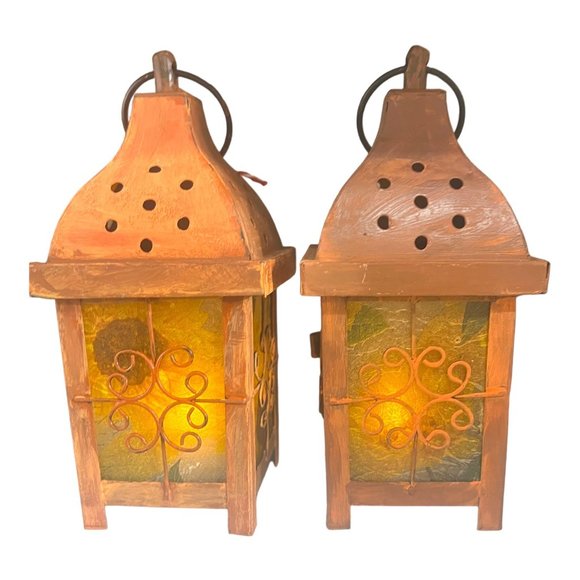 Hand Crafted Decoupaged and Hand-Painted Candle Metal Lanterns Set of 2 Lamps - Picture 5 of 11